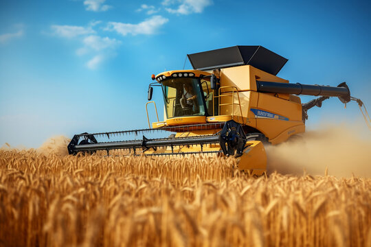 A combine harvester harvests crops and wheat in a field on a blue sky background highlighting the wheat shortage, created with Generative AI technology