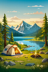 Cartoon camping. Summer nature scene with tent and bonfire. Lake and mountain peaks scenery. Empty campsite in woodland meadow. Vector landscape background