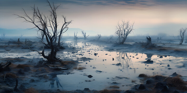 beautiful dramatic panoramic misty sunrise over the swamp with cloudy sky