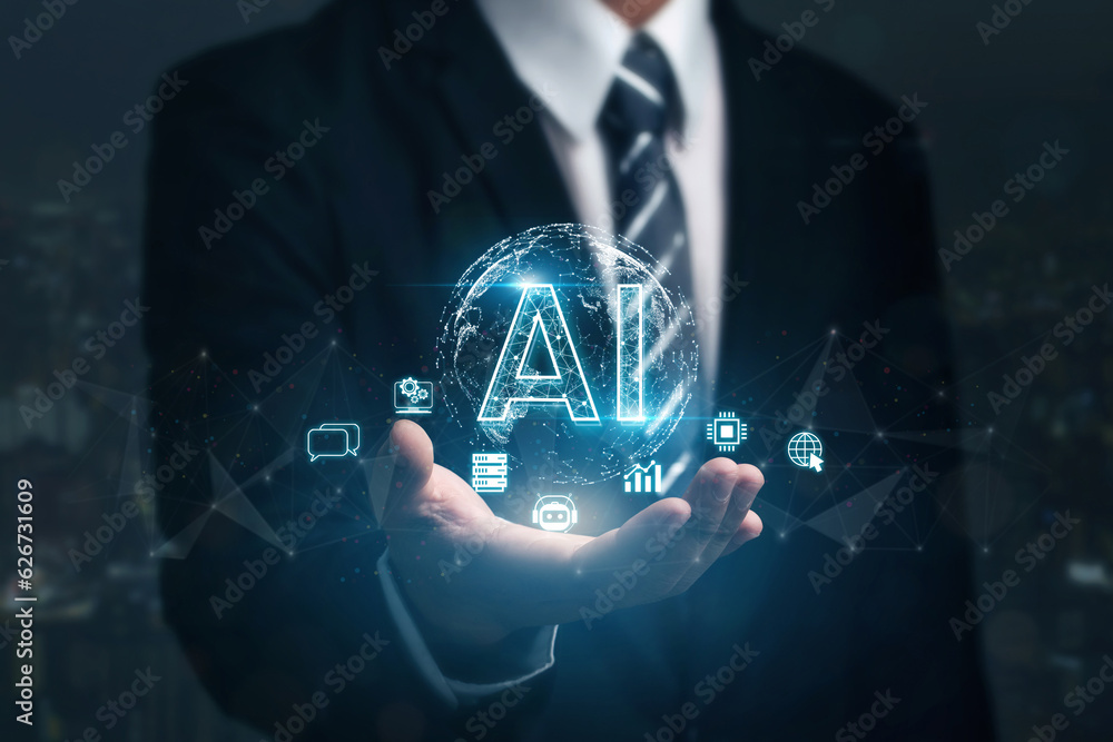 Aufkleber businessman show virtual graphics global internet connects with ai, artificial intelligence to help 