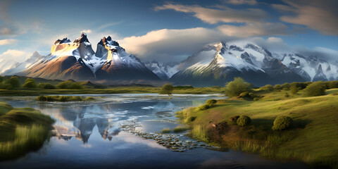 beautiful panoramic sunset over the mountain with river and cloudy sky