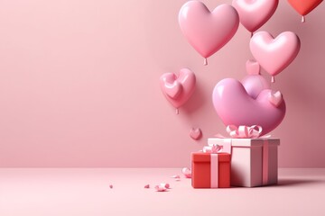 Romantic Valentine's Day Background with Floating Heart Shapes and Pink Gift, Generative AI