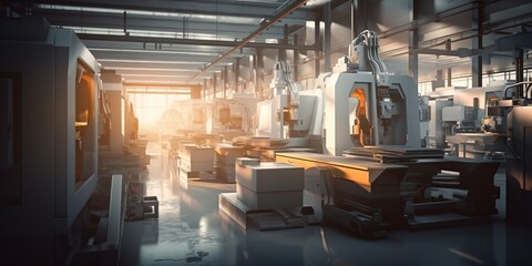 Fototapeta premium Modern Manufacturing Machines in a Factory with High-Tech Equipment and Automated Processes, Industrial Background with Copy Space, Generative AI