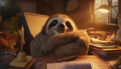 Lazy Sloth Relaxing on Festive Desk with Holiday Decorations, Copy Space, Generative AI