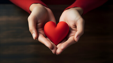 Young women hands holding red heart,health care, donate and family insurance concept,world heart day, world health day, CSR responsibility, adoption foster family, hope, gratitude, kind. Generative ai