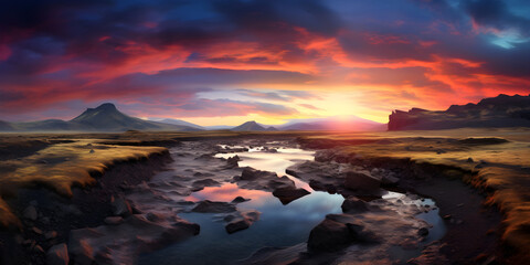beautiful panoramic sunrise over the mountain river landscape