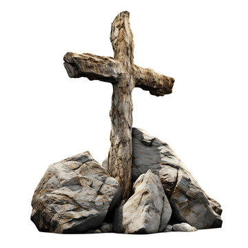 Christian stone cross on the stone isolated on transparent background, Generative AI
