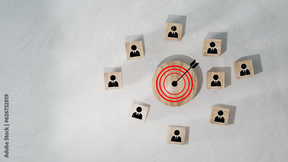Wall mural red dartboard and black arrow connection linkage with human icon for customer focus target group and