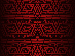 High contrast red and black glossy stripes background. Luxurious batik ornament. Abstract technology graphic banner design. Vector corporate background.