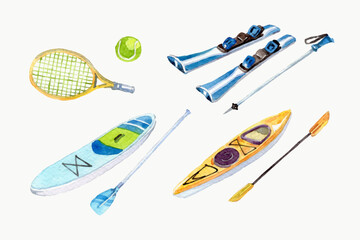 Watercolor sport equipment elements collection