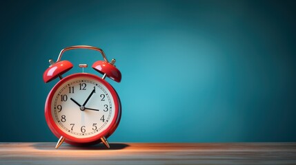 Naklejka premium Vintage red alarm clock on wooden table and light blue background