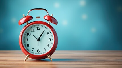 Vintage red alarm clock on wooden table and light blue background