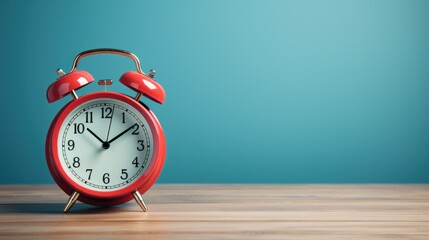 Vintage red alarm clock on wooden table and light blue background