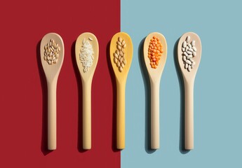 Minimal flat concept of beans, lentils, wheat, rice, from right to left on the wooden spoon, red and blue background, 