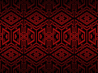 High contrast red and black glossy stripes background. Luxurious batik ornament. Abstract technology graphic banner design. Vector corporate background.