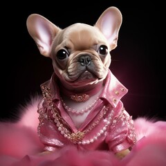 Frenchie in pink jacket created with ai