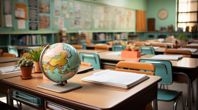 School classroom New school bag on a student's desk in the classroom Big yellow canvas backpack placed on the table in a large modern schoolroom with a chalkboard. Back to school concept AI generative