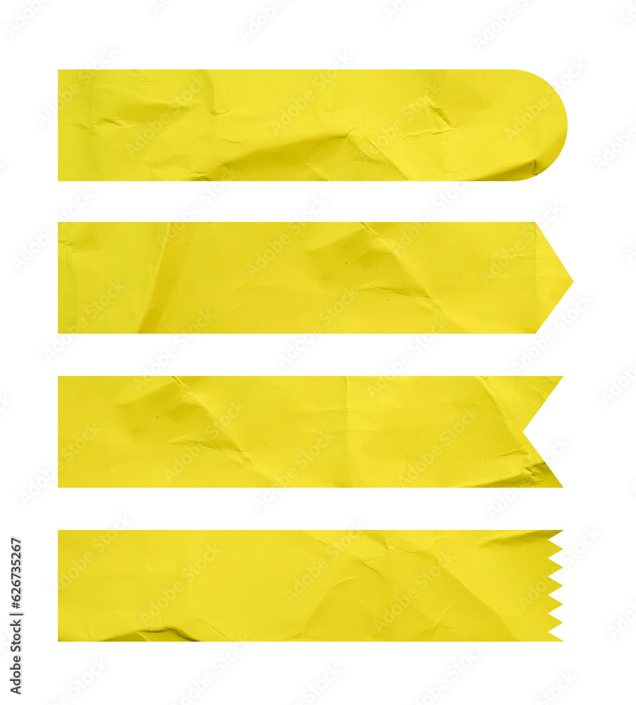 Poster set of banner yellow paper crumpled sticky notes tags and labels isolated on white background.