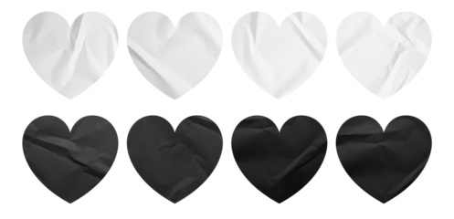 set of black and white hearts paper crumpled sticky notes tags and labels isolated on white background.