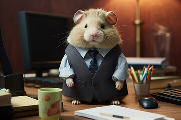 Funny business hamster in suit on table in office, cute fat fluffy pet worker