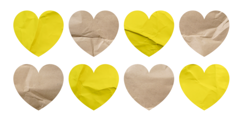 Set of hearts shape yellow and brown paper crumpled sticky notes tags and labels isolated on white background.