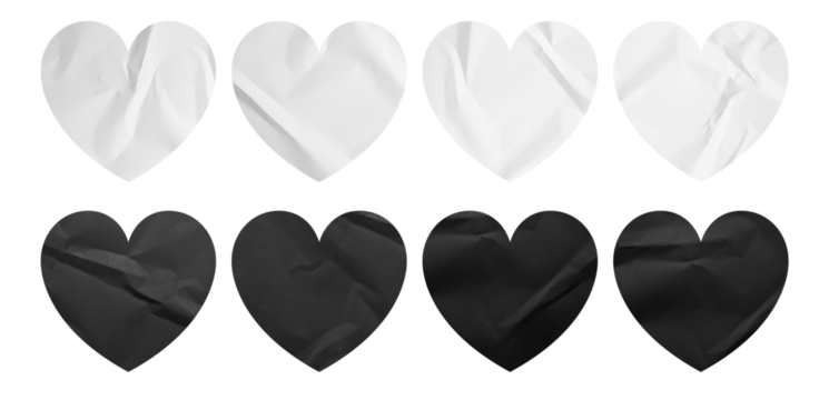 set of black and white hearts paper crumpled sticky notes tags and labels isolated on white background.