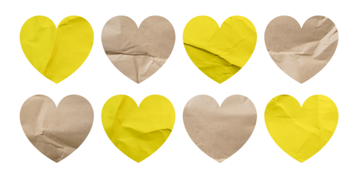Set of hearts shape yellow and brown paper crumpled sticky notes tags and labels isolated on white background.