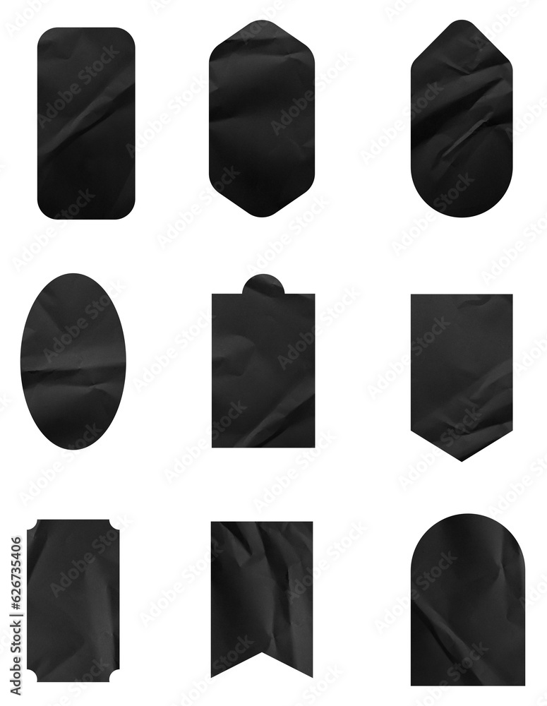 Poster set of black paper crumpled sticky notes tags and labels isolated on white background.