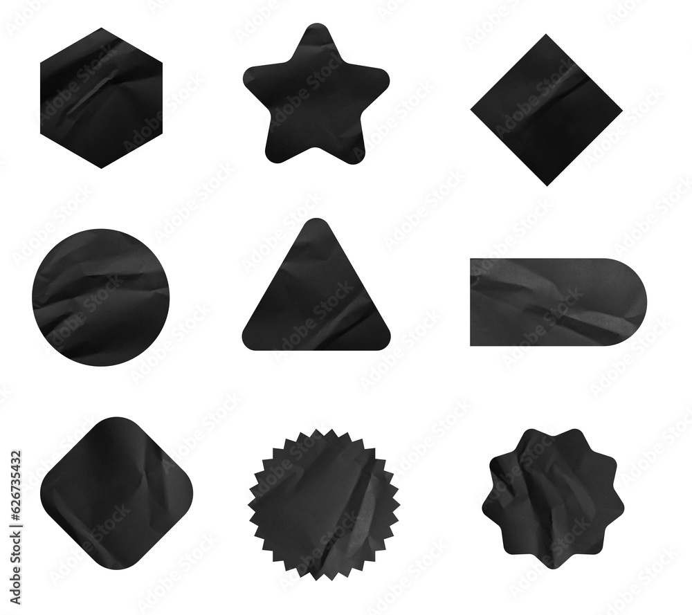 Aufkleber set of black paper crumpled sticky notes tags and labels isolated on white background.