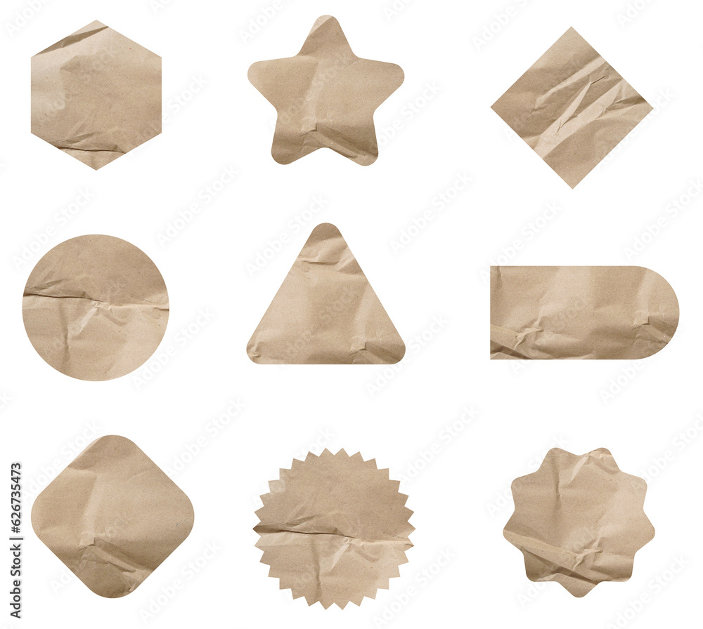 Aufkleber set of recycled paper brown crumpled sticky notes tags and labels isolated on white background.
