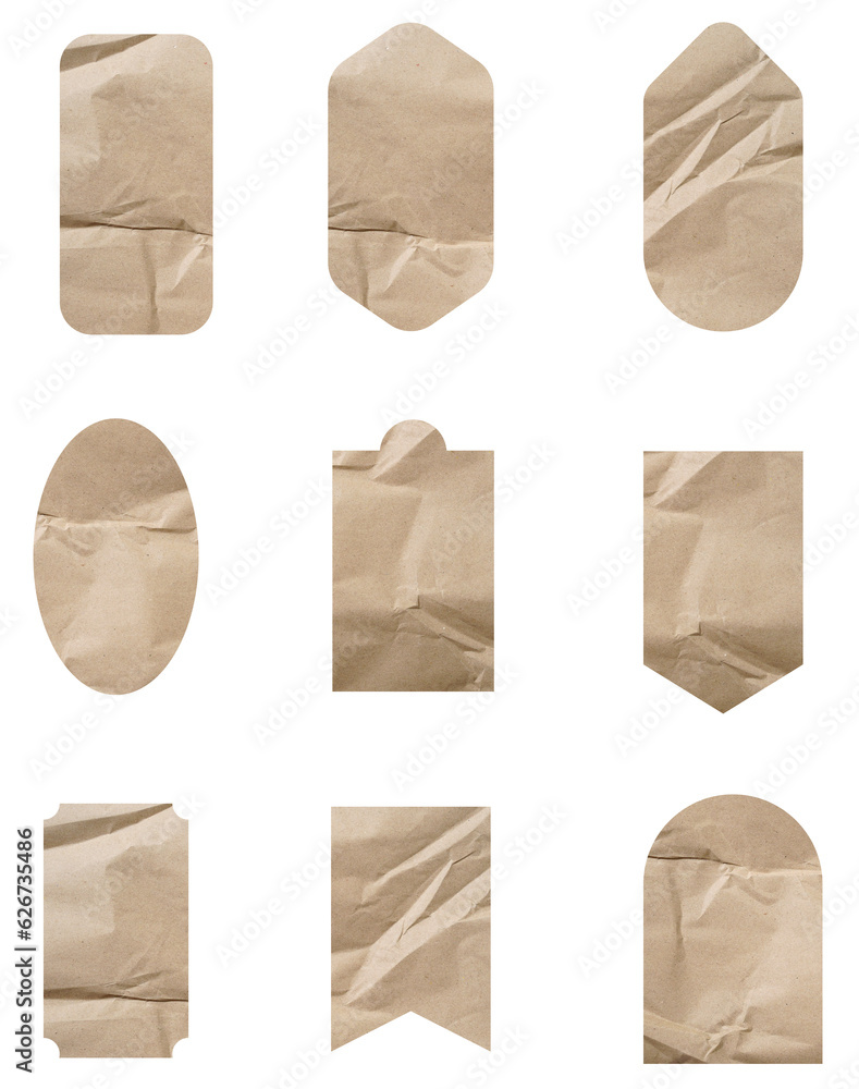 Aufkleber set of recycled paper brown crumpled sticky notes tags and labels isolated on white background.