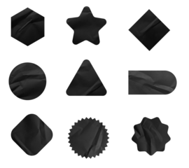 Set of black paper crumpled sticky notes tags and labels isolated on white background.