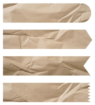 set of banner recycled brown paper torn tags and labels isolated on white background.