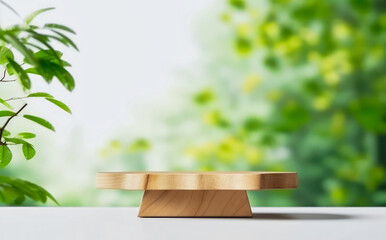 a wooden platform with a plant in the background. generative ai