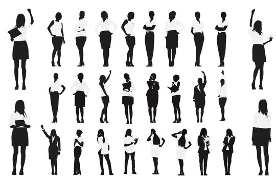 Set of businesswomen standing with different pose silhouette, isolated on white background.