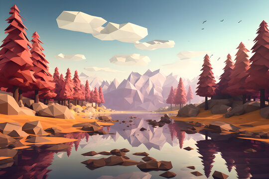 Low Poly Illustration of a beautiful landscape with lake and mountains - Geometric Art 