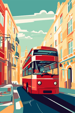 Retro city poster with abstract shapes of double-decker red bus for hop on hop off tours on a street in Southern Europe. Vintage travel sightseeing vector illustration