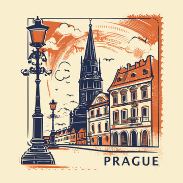 Vintage post stamp for Prague Czech Republic. Hand drawn city skyline with landmarks, retro travel vector illustration