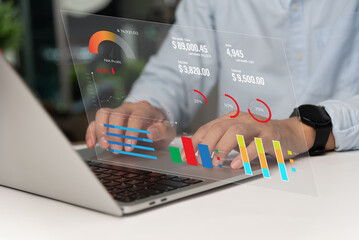 Big data analytics and business intelligence BI Key Performance Indicators kpi. Business chart report marketing information analysis investment finance virtual screen concept.