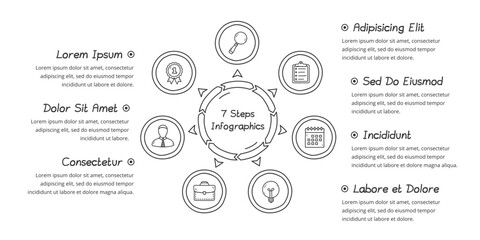 Fototapeta premium Doodle circle diagram with seven elements with place for icons and text, handdrawn infographic template, vector eps10 illustration