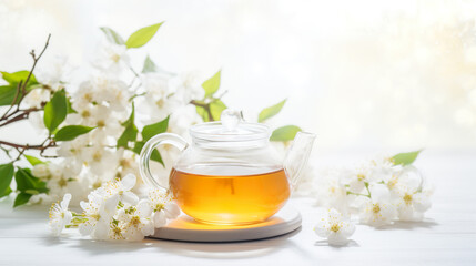 Jasmine tea in glass teapot on a white background