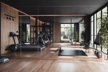 Modern gym interior with various equipment. Generative AI