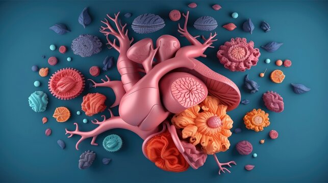3D illustration of the human organ systems, Human internal organs. Anatomy. Nervous, circulatory, digestive, excretory, urinary,and bone systems. Medical education concept, Generative AI illustration