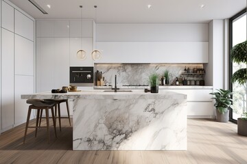 Modern kitchen with black furniture, White marble worktop and backsplash. Generative AI