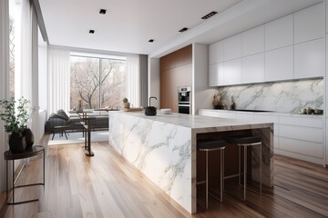 Luxury kitchen interior with new stylish furniture, white marble countertops, modern. Generative AI - obrazy, fototapety, plakaty