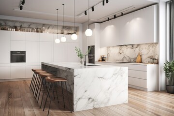 Luxury kitchen interior with new stylish furniture, white marble countertops, modern. Generative AI