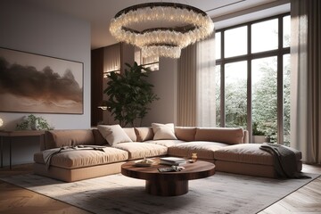 Luxury living room with big windows with panoramic view of garden and crystal chandelier in center of ceiling. Generative AI