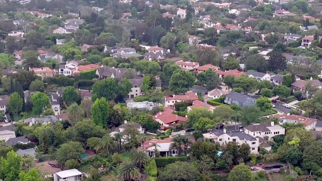 Aerial View of Holmby Hills, Upscale Residential Neighborhood, Westside of Los Angeles CA USA, Establishing Drone Shot