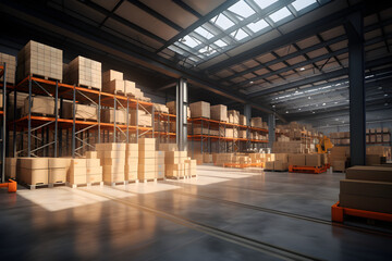 logistics warehouse interior with containers and stacked shelves 3D rendered