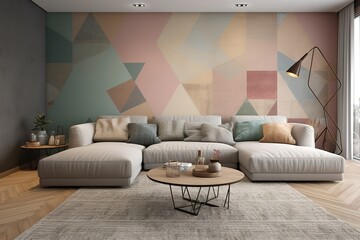 Morden living room interior with sofa, a cabinet, a pot of plant, a large picture frame. Generative AI